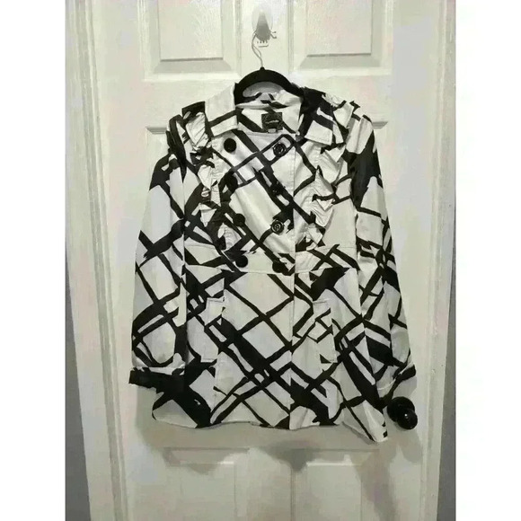 My Michelle black and white ruffled pea coat jacket size LARGE Square button Y2K - Picture 1 of 8